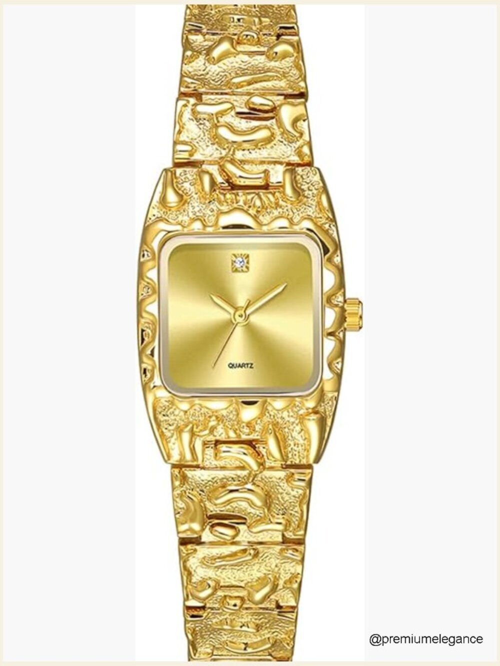 Vintage Square Quartz Dress Wristwatch Textured Alloy Band Gold Tone